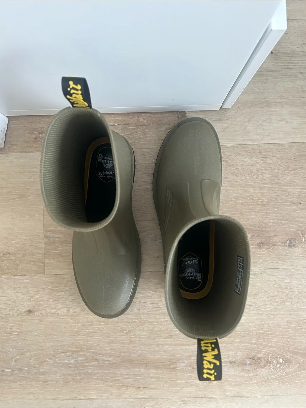 Dr. Martens Olive Green Rain Boots with Black & Yellow Pull Tabs